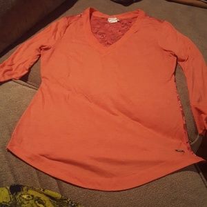 Coral, lace back, v-neck blouse